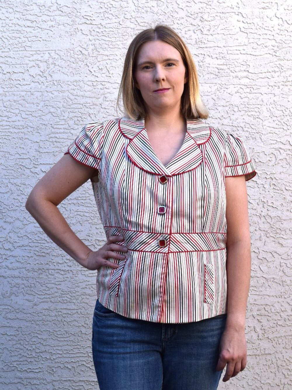 VEX Collection Striped Short Sleeve Blazer with Red Piping Size 12 (Tag Size 44)
